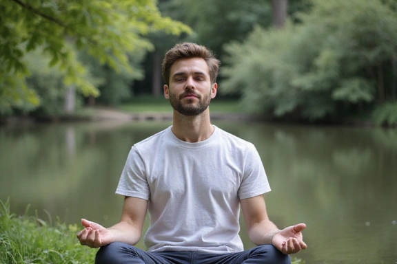 Mężczyzna medytujący w spokojnym otoczeniu
