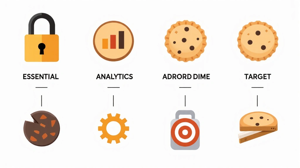 Różne rodzaje ciasteczek internetowych symbolizujące ich funkcje