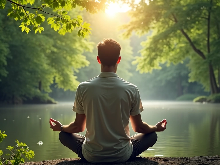 Mężczyzna medytujący w otoczeniu natury, symbolizujący harmonię i balans.