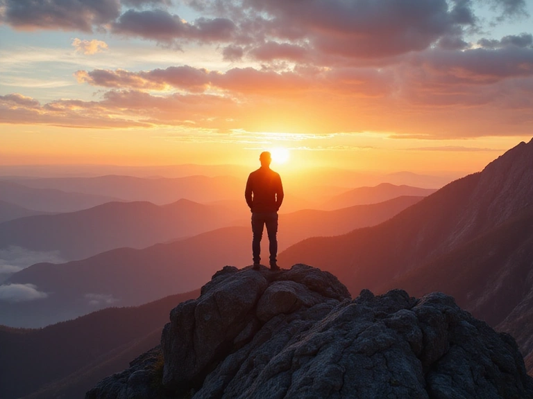 Wizjonerskie ujęcie mężczyzny patrzącego w przyszłość na szczycie góry, symbolizujące osiąganie celów i wizję.
